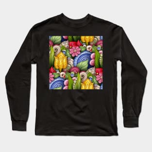 Colored Nature Inspired Pattern with Floral Motifs Long Sleeve T-Shirt